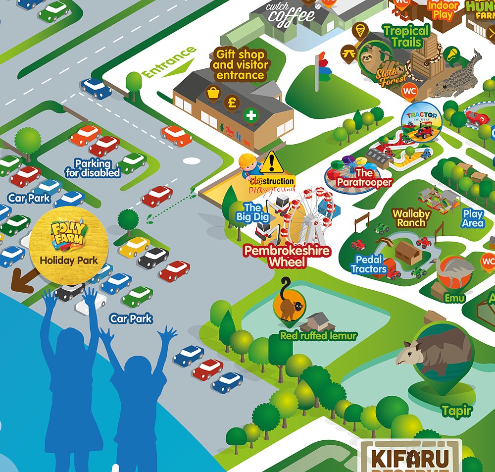 Map detail of the entrance, the Pembrokeshire Wheel, and Tractor Country at Folly Farm
