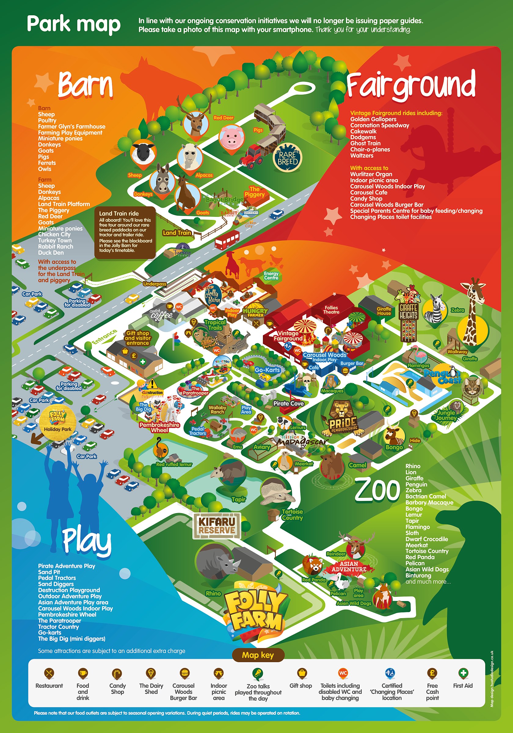 Map of Folly Farm 2026 in Begelly, Pembrokeshire showing the zoo, the Jolly Barn farm, the vintage fairground, and the Pembrokeshire Wheel (mapa de Folly Farm)