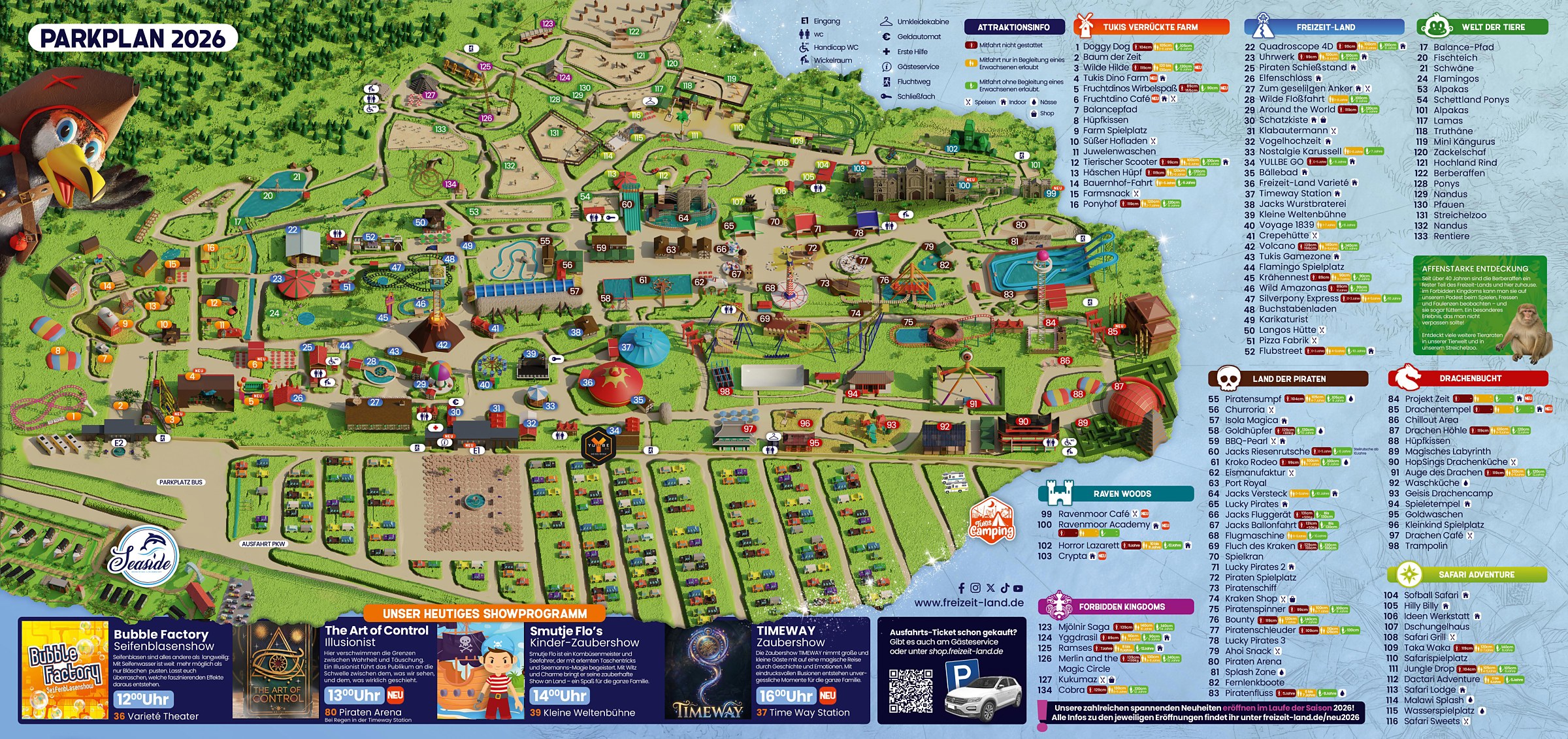 Illustrated 2026 Freizeit-Land Geiselwind park plan with numbered attractions and themed lands
