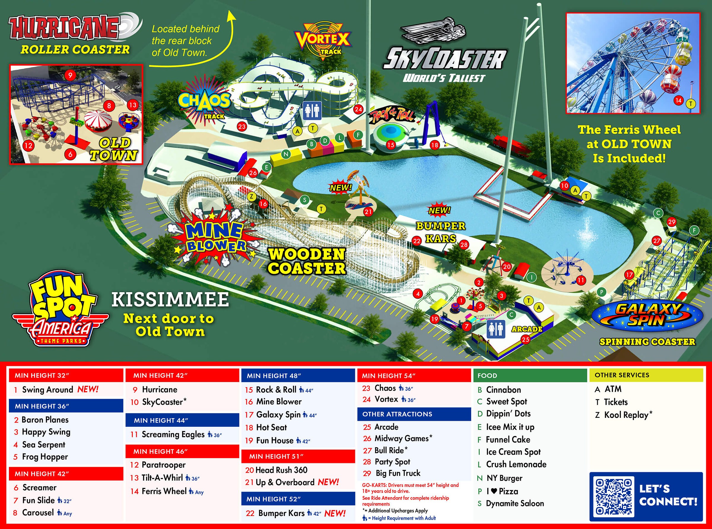 Map of Fun Spot America Kissimmee 2026 near Old Town in Kissimmee showing the Vortex and Chaos go-kart tracks, Rock and Roll, the SkyCoaster, and Mine Blower (mapa de Fun Spot America Kissimmee)