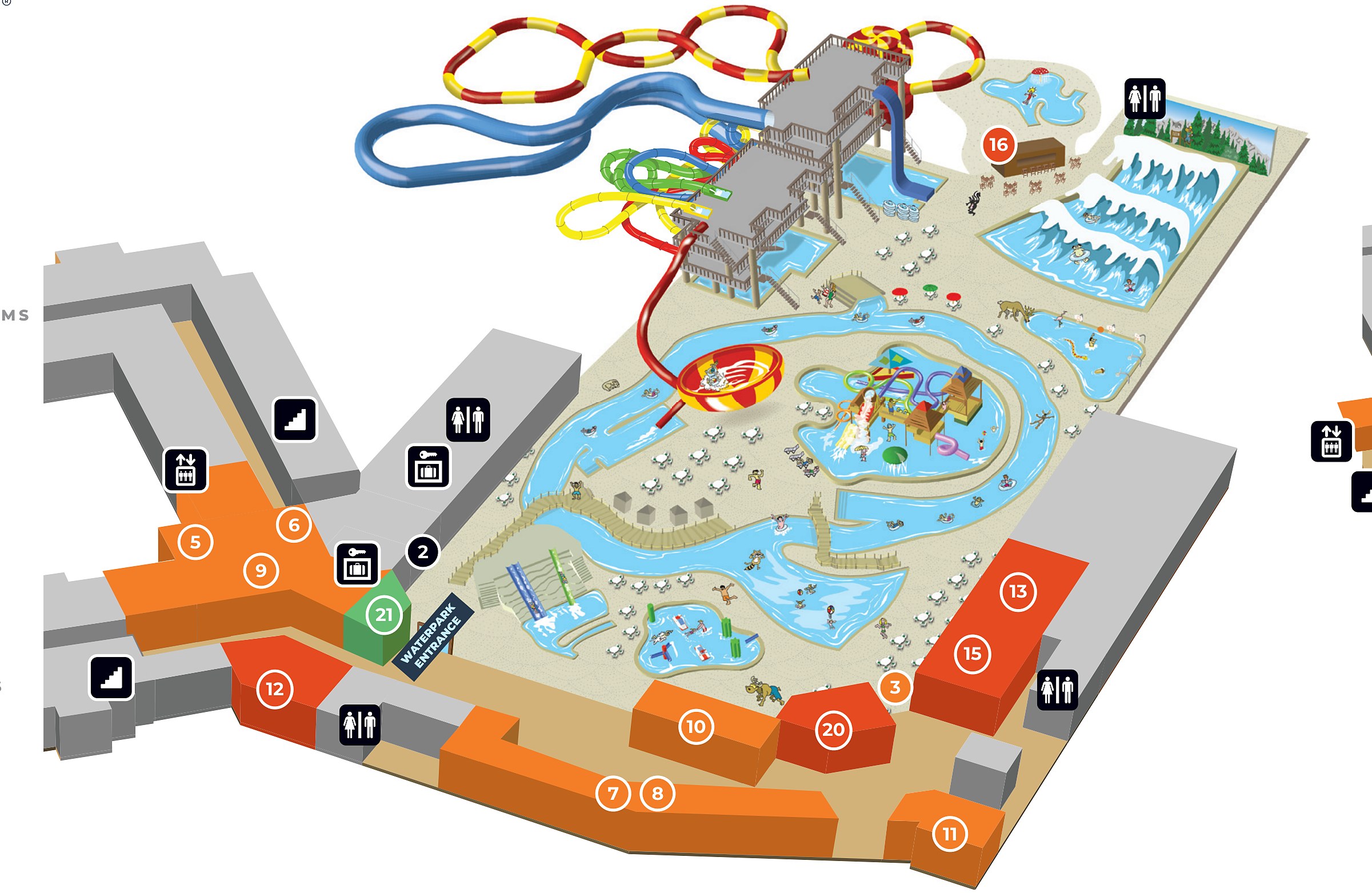 Map of Great Wolf Lodge Illinois 2026 showing the slide towers, the wave pool, and the pools