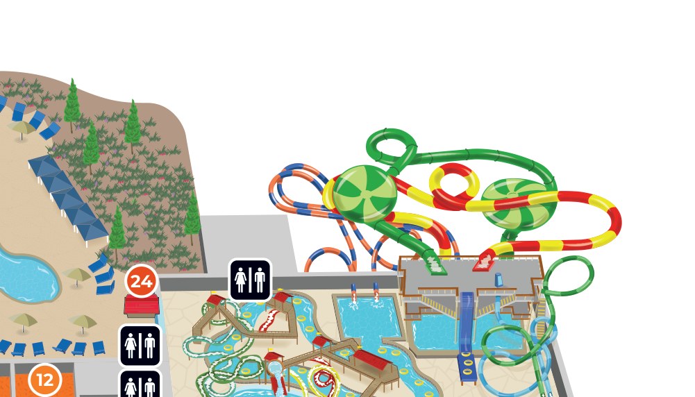 Lodge map detail showing the upper Wiley’s Waterpark slide complex and Raccoon Lagoon