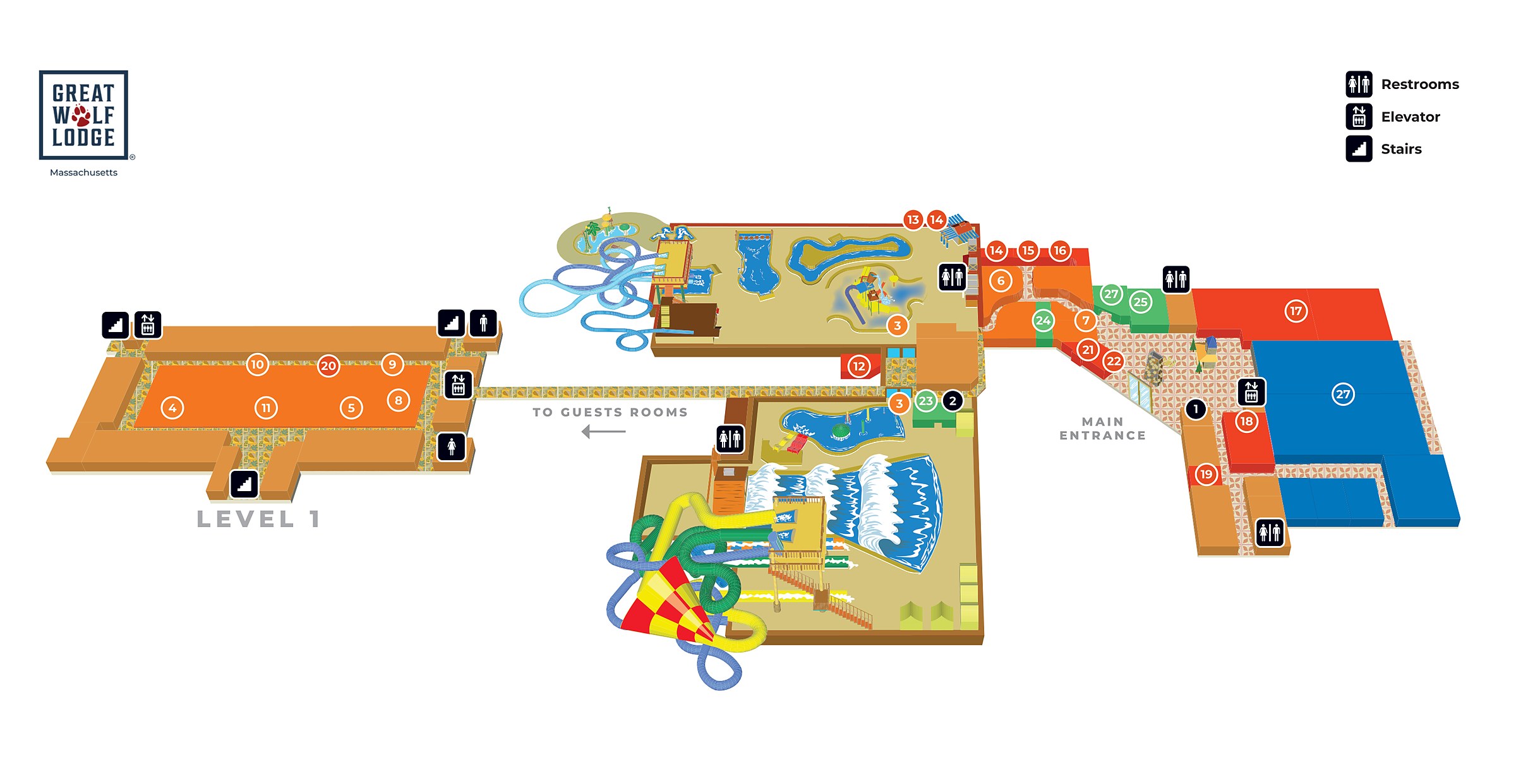 Map of Great Wolf Lodge New England 2026 showing the slide towers, the wave pool, and the pools