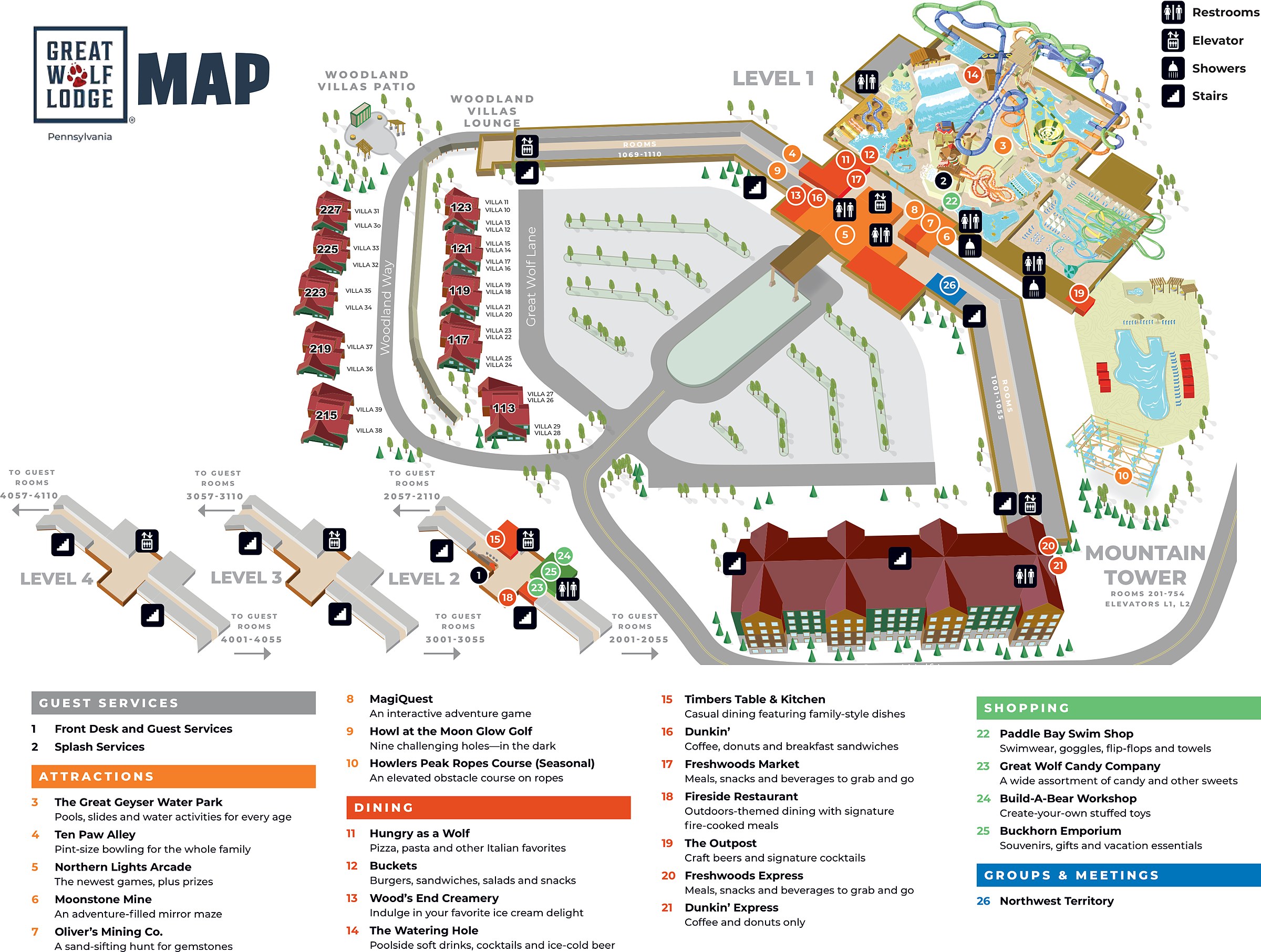 Official Great Wolf Lodge Pocono Mountains park map for 2026