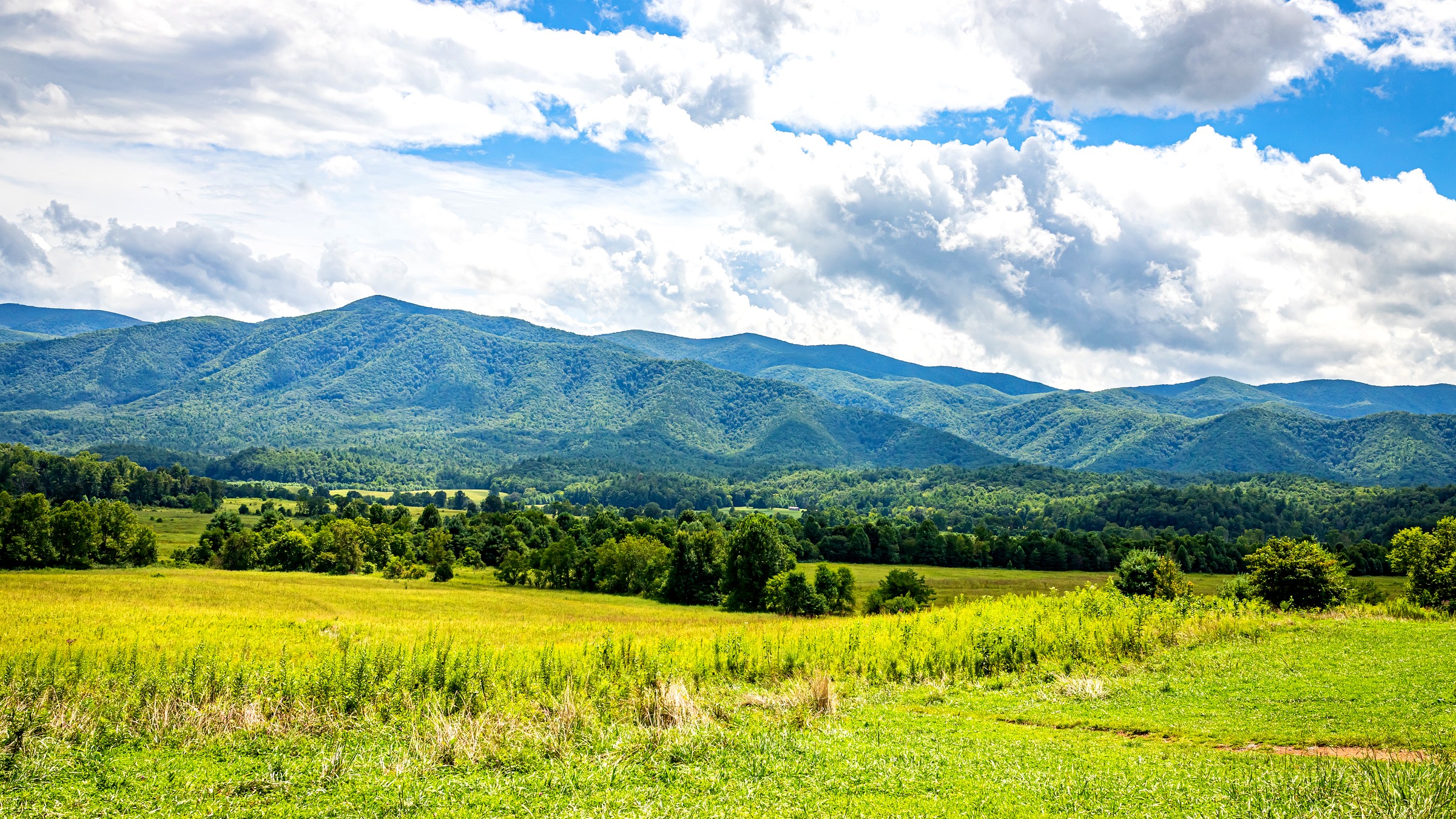 Scenic view over Cades Cove loop and green valley, Great Smoky Mountains