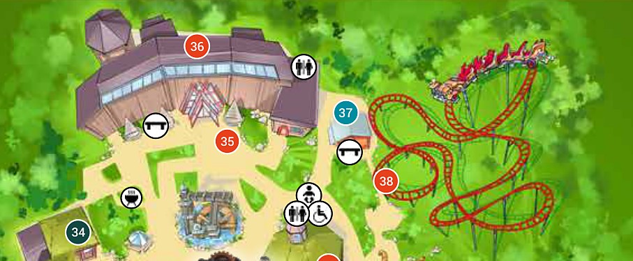 Archived 2022 Hunderfossen map detail showing Energisenteret 36, Il Tempo Extra Gigante 38 and the illustrated wheel.