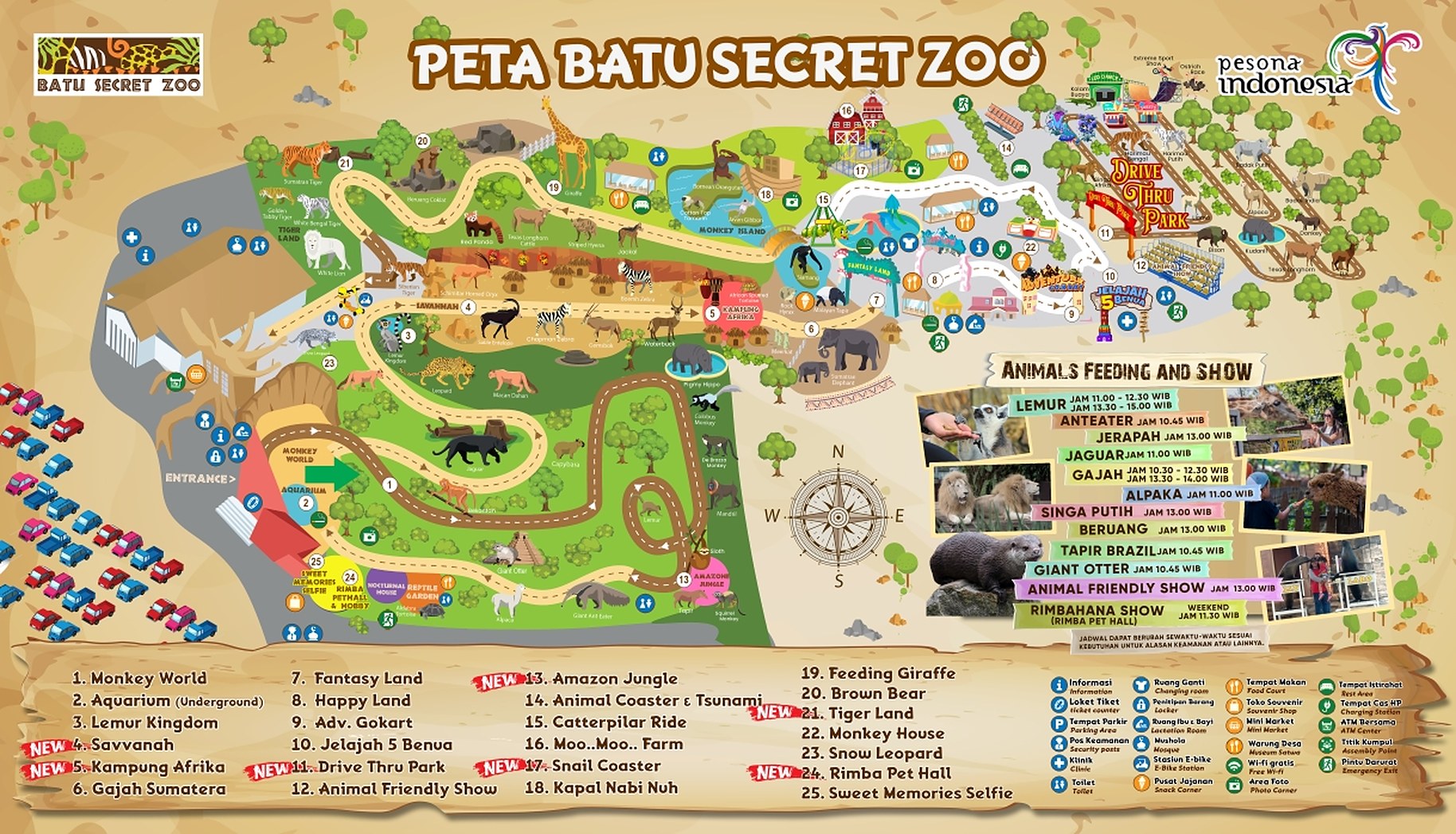 Map of Jatim Park 2 2026 in Batu, East Java showing Batu Secret Zoo, Tiger Land, the savannah, and Museum Satwa