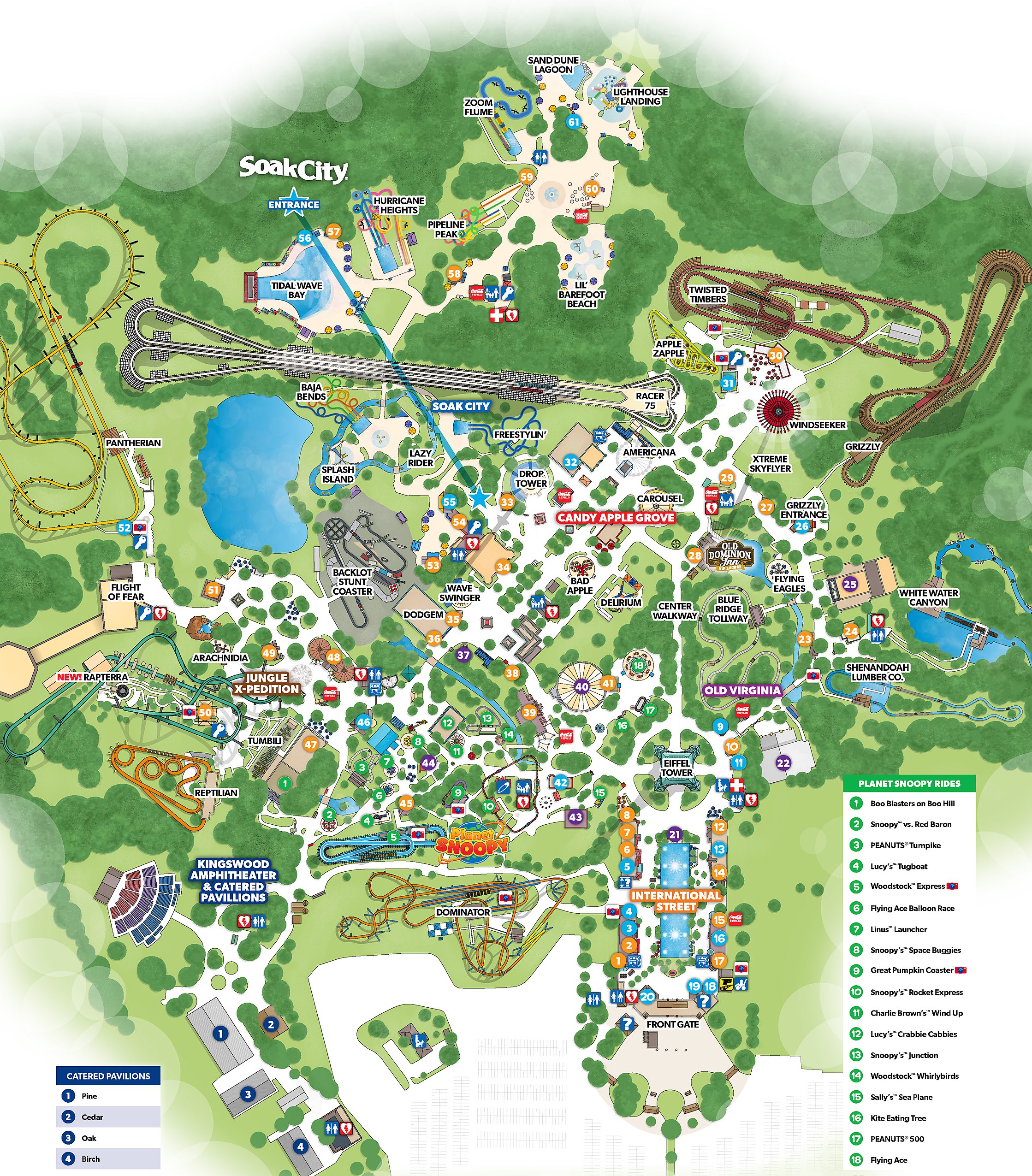 Official Kings Dominion park map for 2026 showing International Street, Candy Apple Grove, Old Virginia, Jungle X-Pedition, Planet Snoopy, and Soak City
