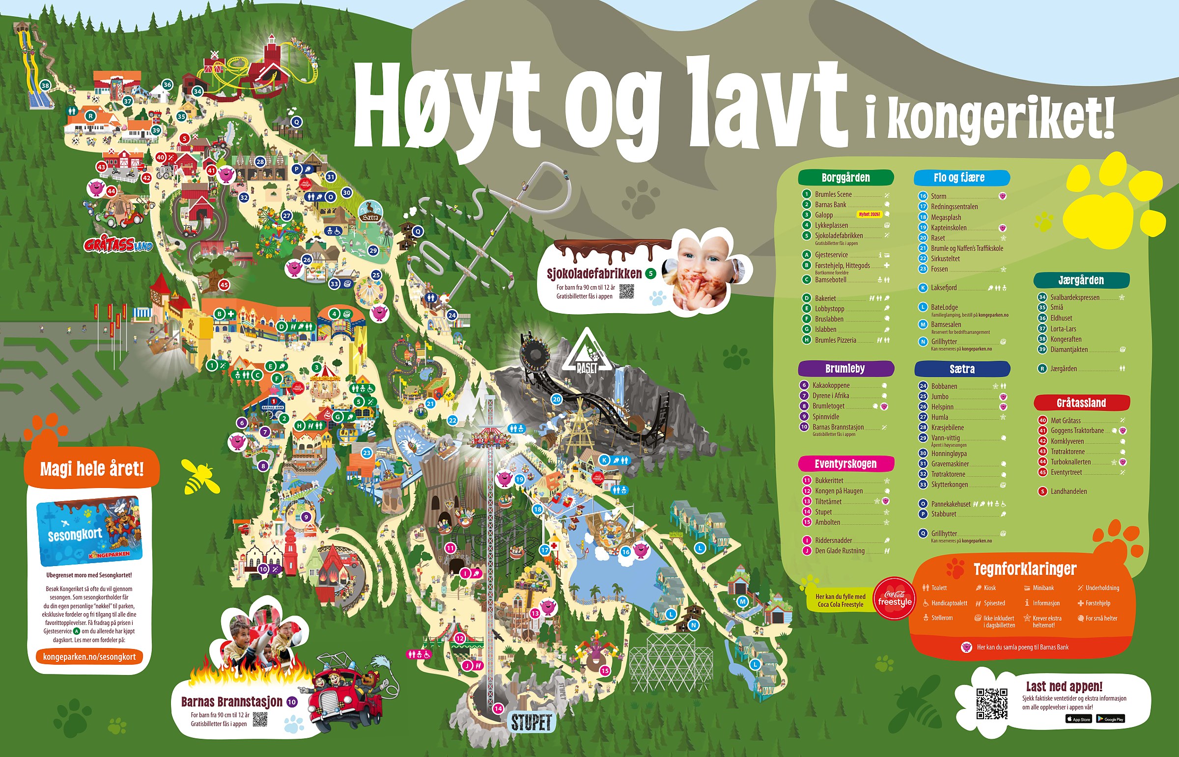 Map of Kongeparken 2026 in Algard near Stavanger showing Borggarden, Flo og fjaere, Gratassland, and Eventyrskogen (kart over Kongeparken)