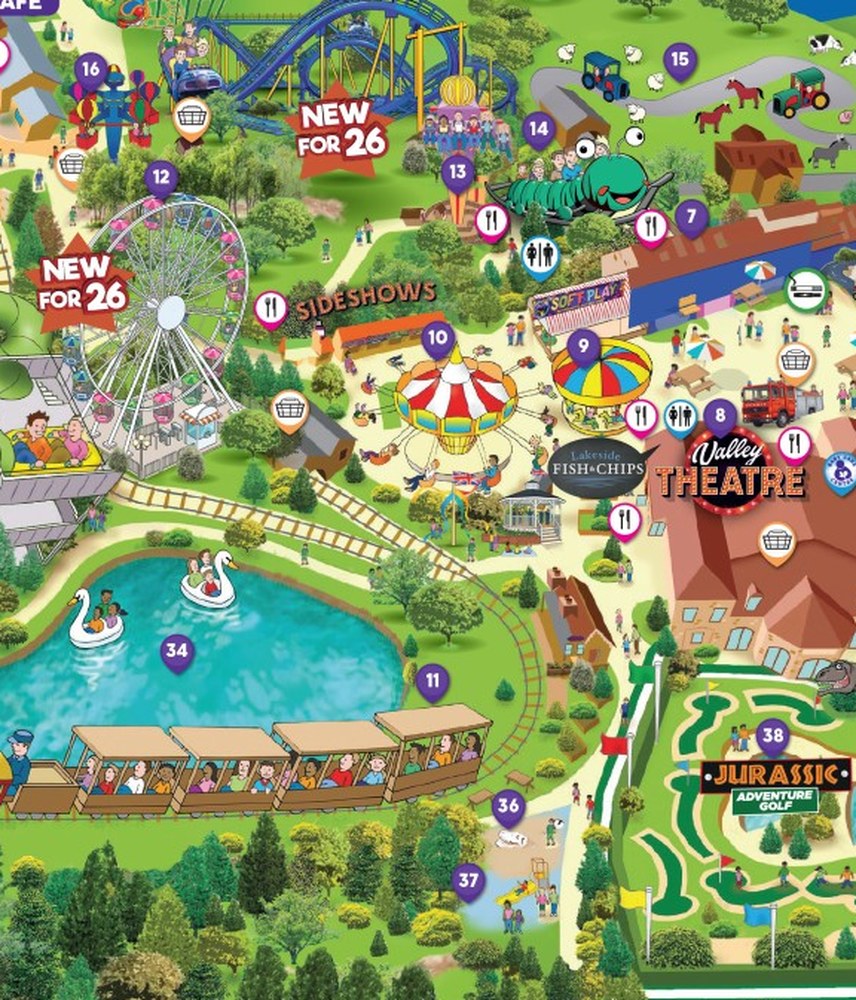 Map detail of the Lake and Pavilion at Lightwater Valley with the Lightwater Wheel and the LWV Express train