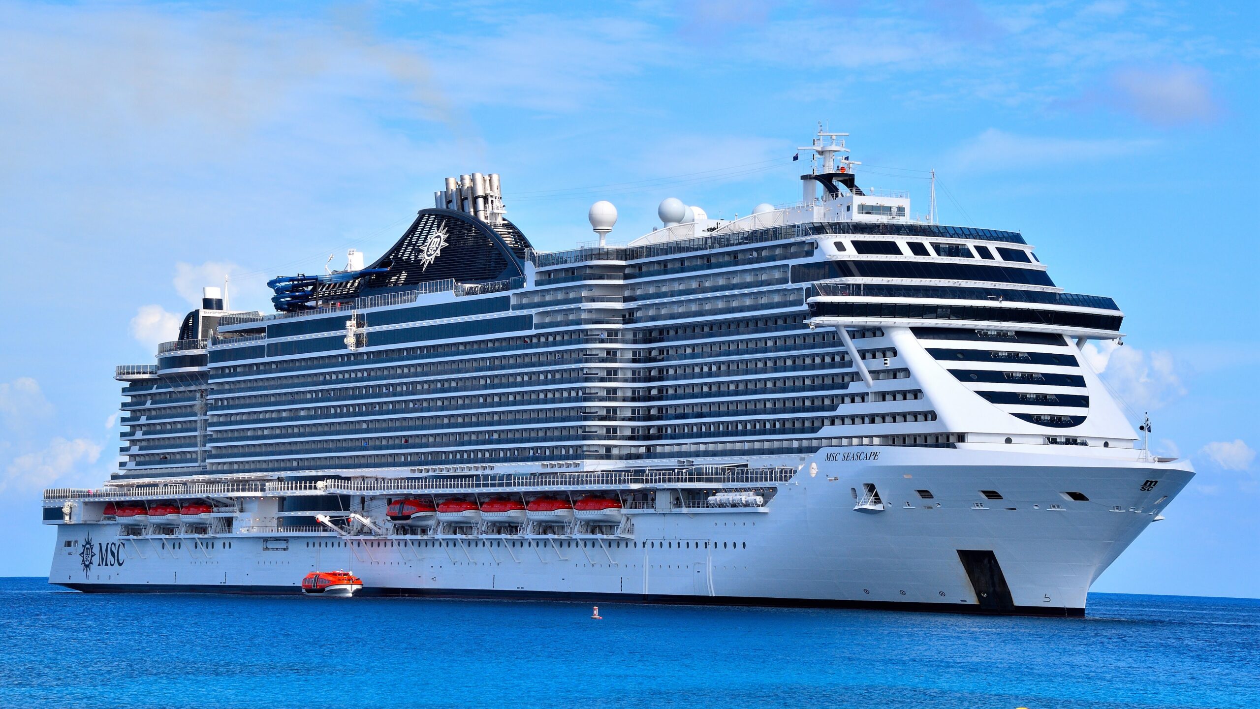 A detailed close up view of the balconies and structural details of the Seaside EVO class MSC Seascape cruise ship.