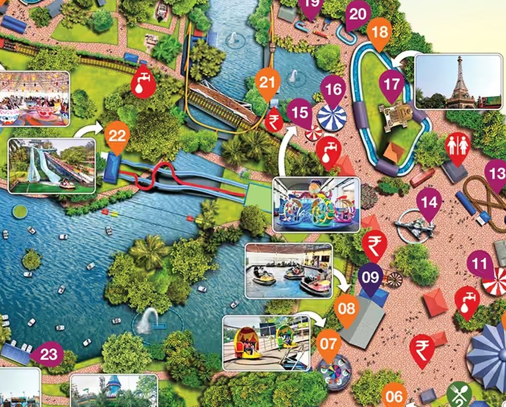 Map detail of the Wet-o-Wild water park at Nicco Park with the lazy river and wave pool