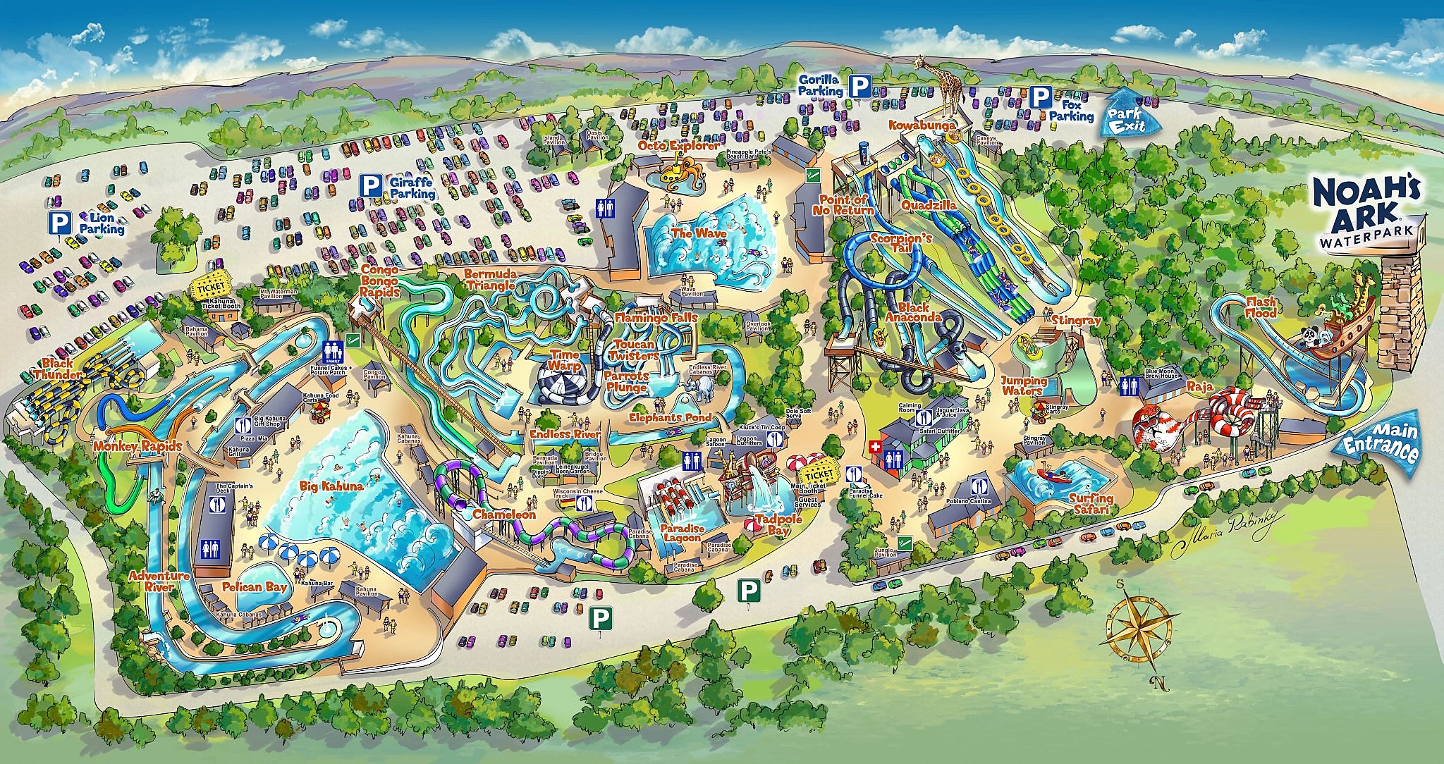 Map of Noah's Ark Waterpark 2026 showing the signature slide tower, the wave pools, and the water coasters