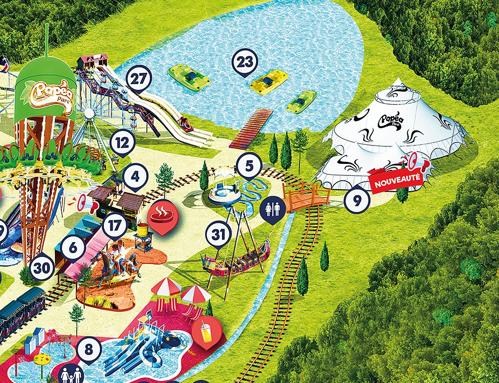 Map detail of the lake, pedalos, and Le Splash at Papea Parc
