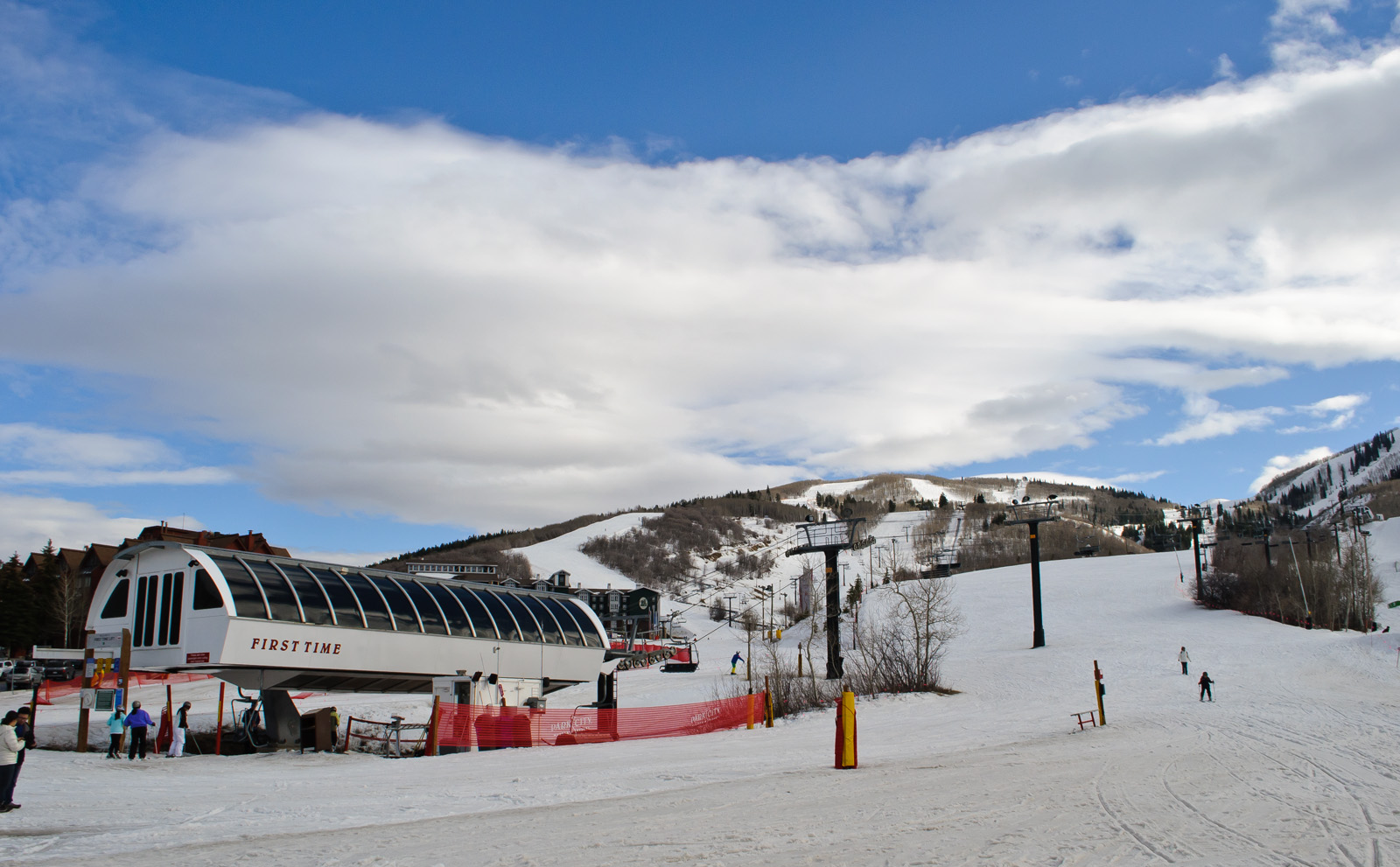 Skiers at the Park City Mountain base area in winter