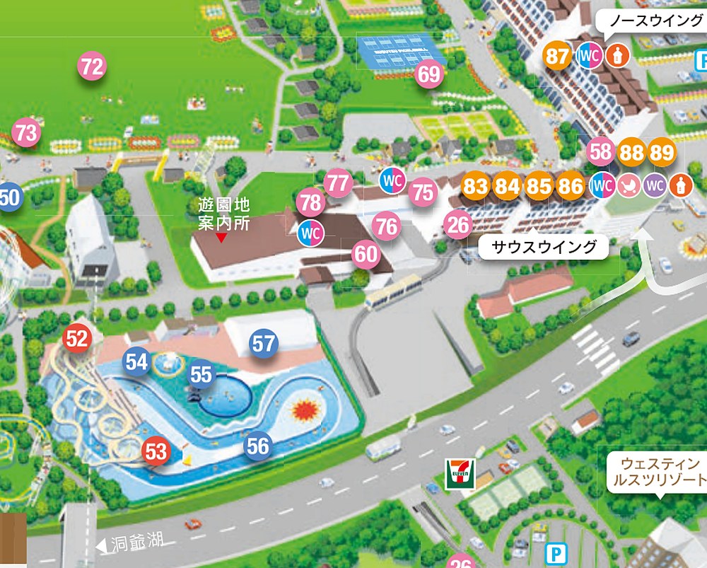 Current 2026 Rusutsu Resort map detail locating the outdoor pools, hotel wings, and indoor pools