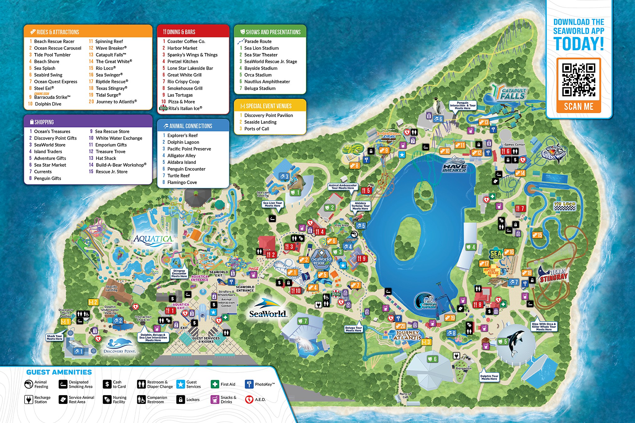 Official SeaWorld San Antonio park map for 2026 with the central lake and coaster lineup