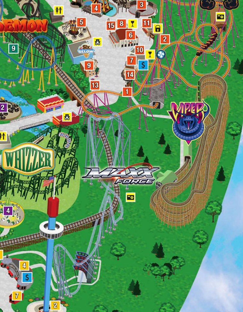 Map detail of Southwest Territory and Hometown Square at Six Flags Great America