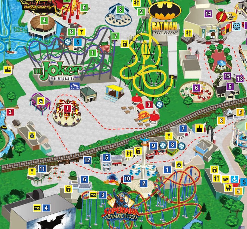 Map detail of DC Universe and Orleans Place at Six Flags Great America