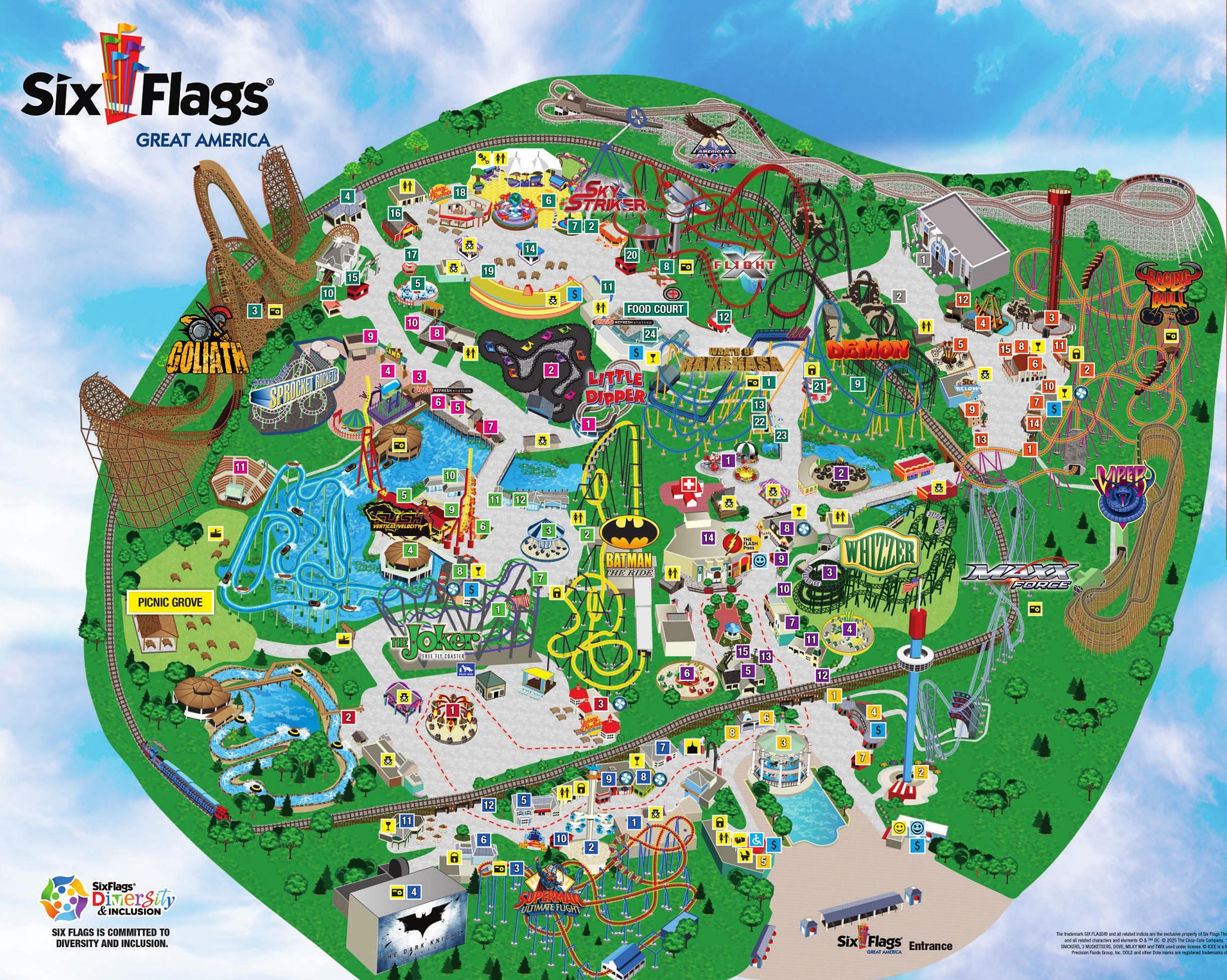 Map of Six Flags Great America 2026 in Gurnee, Illinois showing Southwest Territory, DC Universe, County Fair, and Hurricane Harbor (mapa de Six Flags Great America)