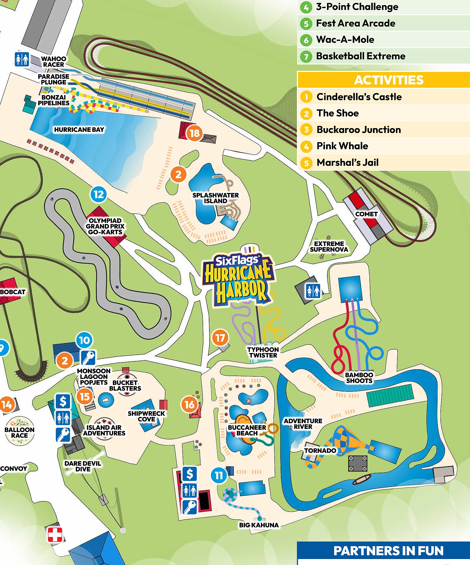 Map of Six Flags Hurricane Harbor Lake George 2026 showing Hurricane Bay, Splashwater Island, Bamboo Shoots, and Buccaneer Beach