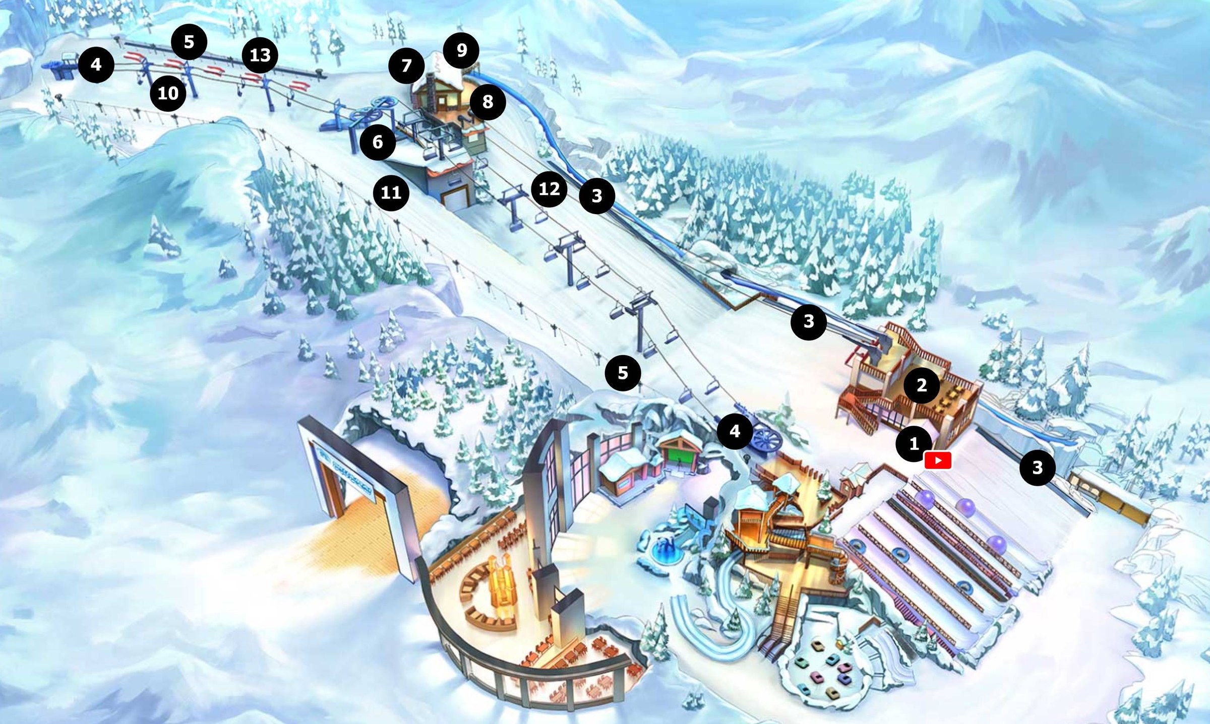 Ski Dubai map overview showing the summit, main slope, chairlift, entrance plaza and Snow Park