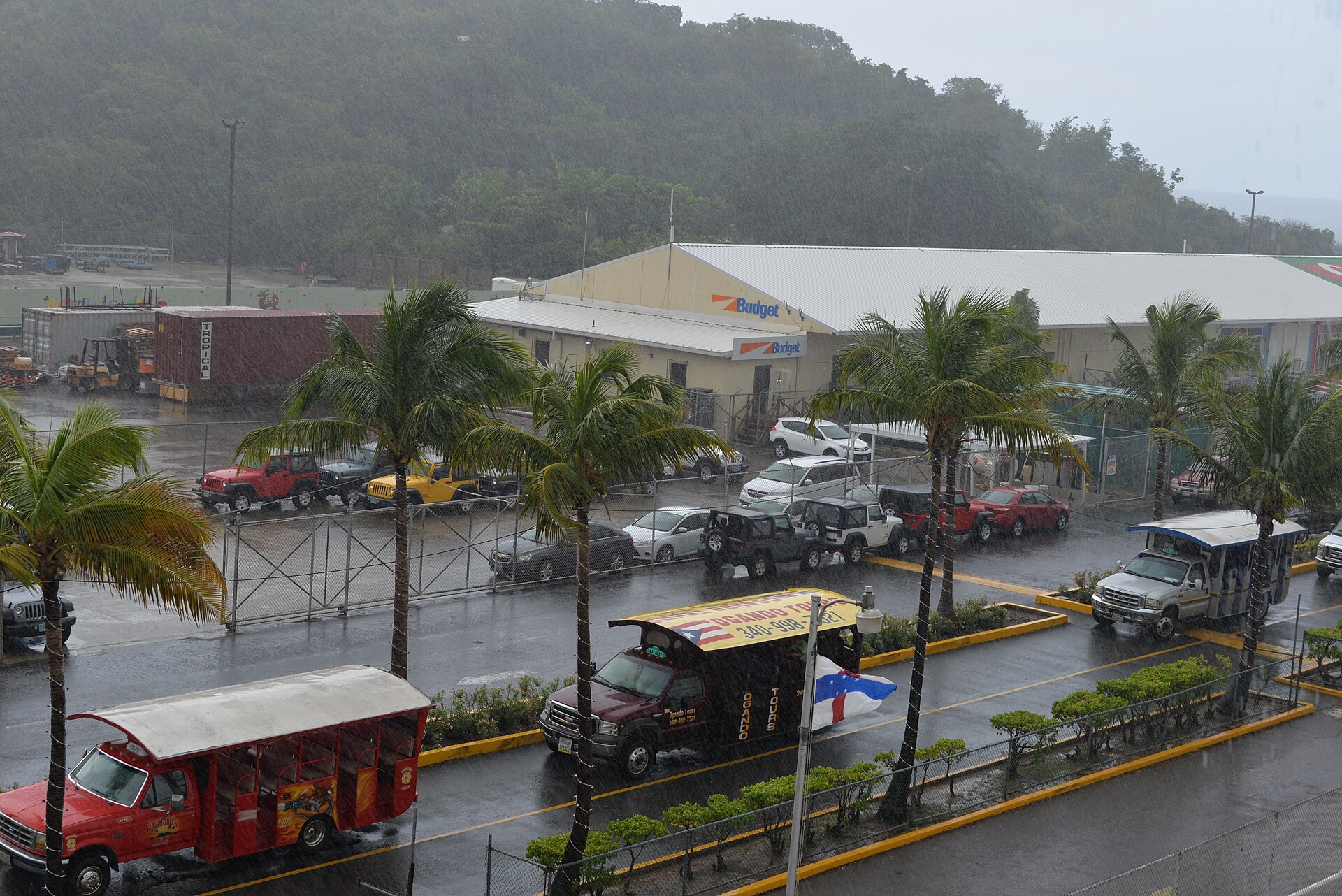 A high angle scenic overlook of the Havensight cruise ship dock and harbor in St. Thomas.