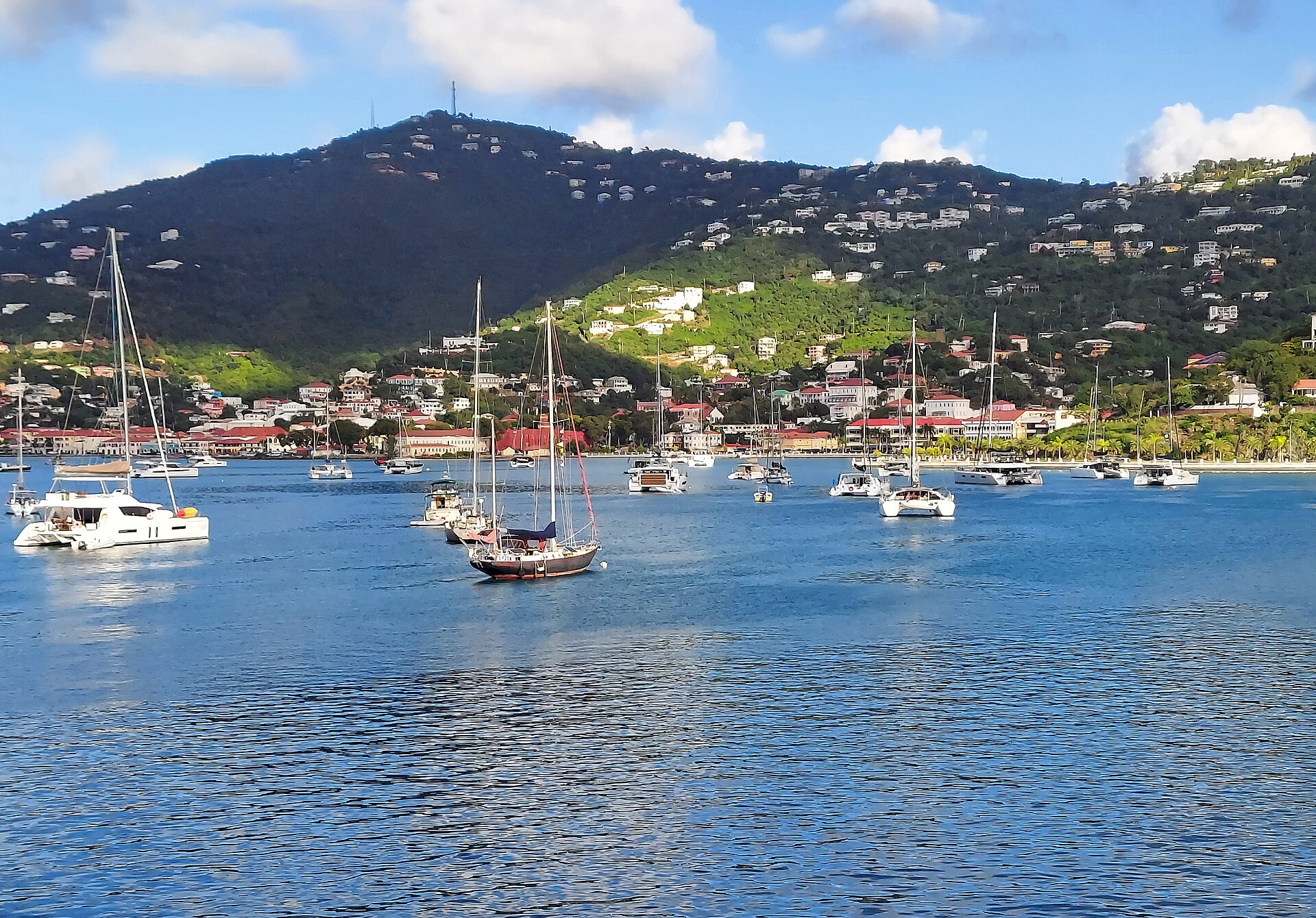 A scenic harbor view of the Charlotte Amalie waterfront in St. Thomas.