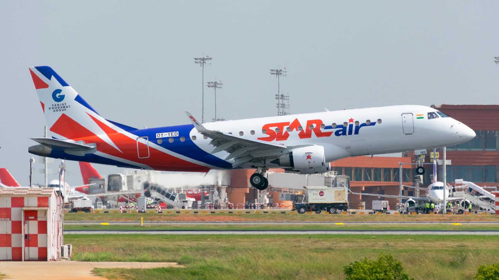 Star Air Embraer E175 regional jet landing in India, the E-Jet type already operating on Indian routes as larger E-Jets gain DGCA type certification