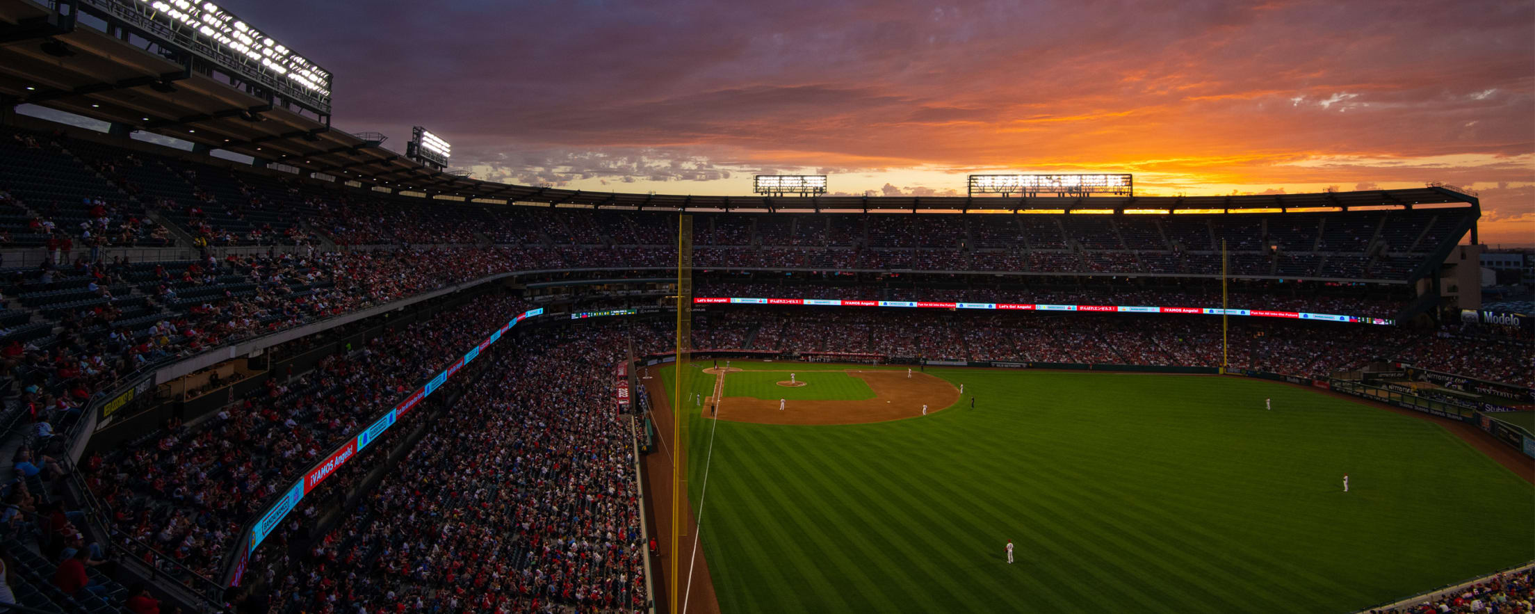 Baseball game at Angel Stadium of Anaheim near sunset