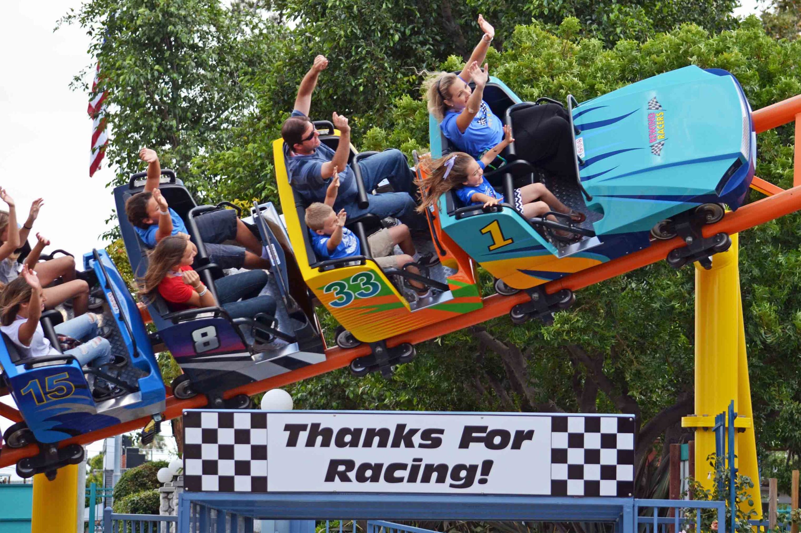 Families riding Rewind Racers at Adventure City in Anaheim