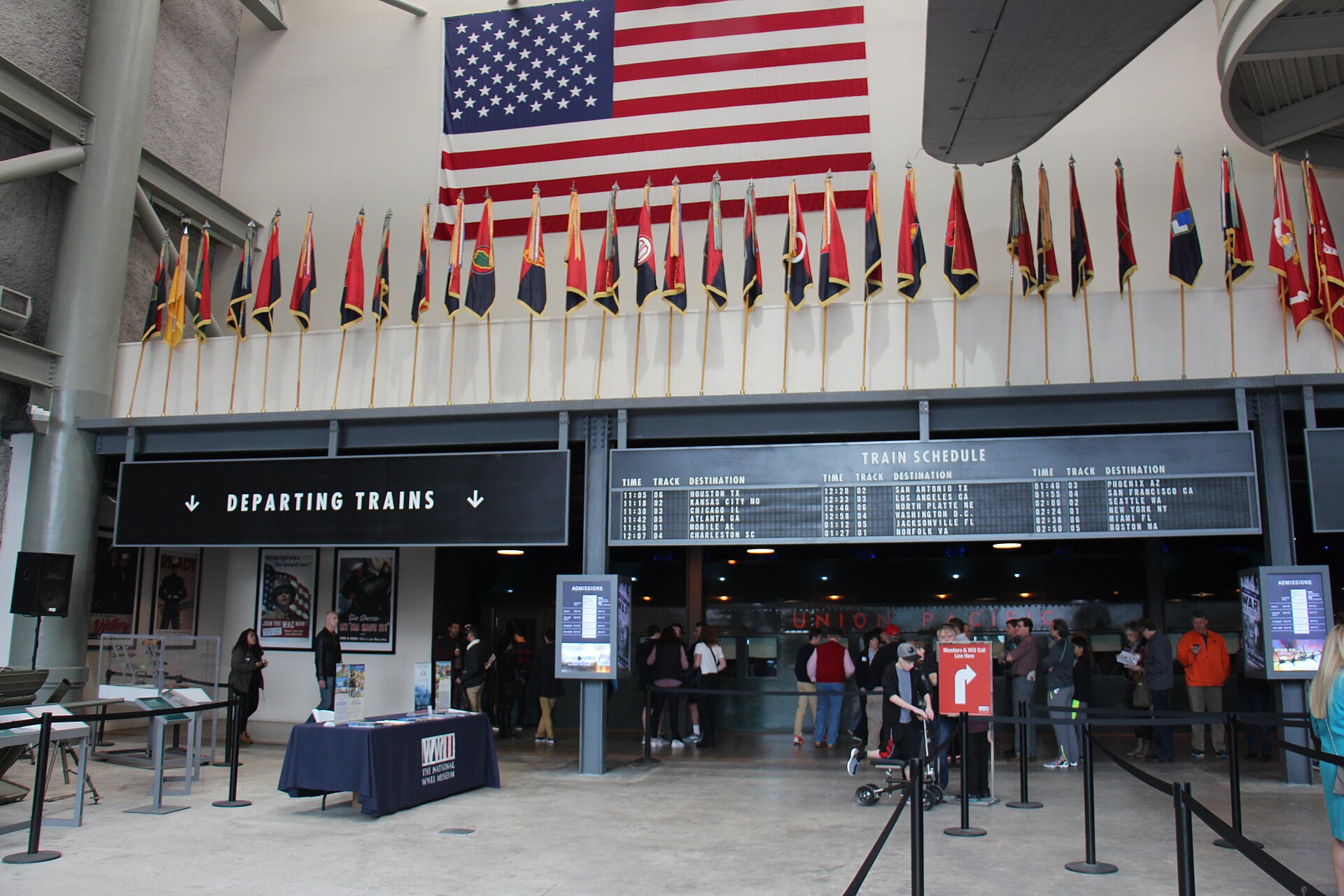 Flags over the entrance canopy at The National WWII Museum in New Orleans
