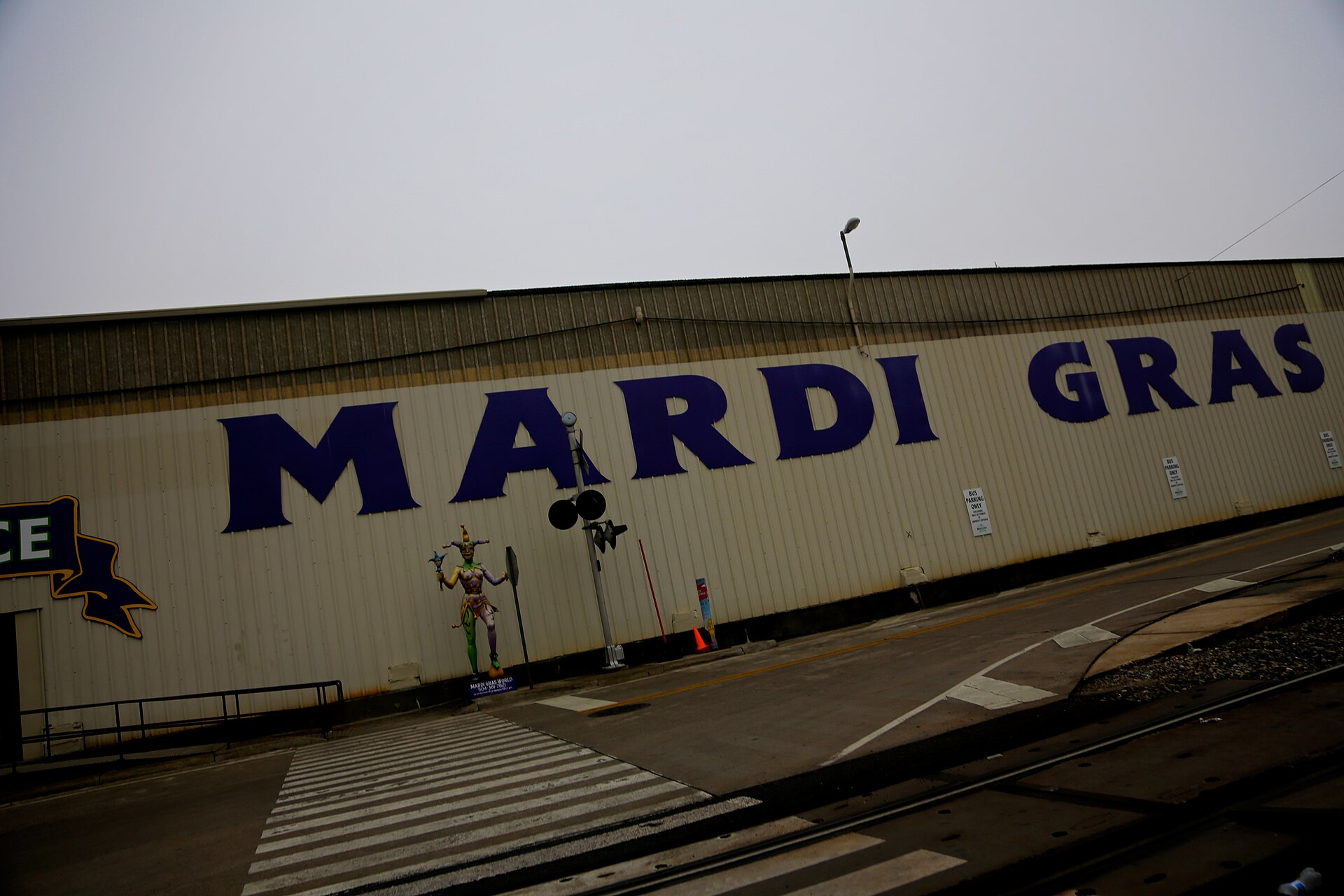 Mardi Gras lettering on the float building warehouse at Mardi Gras World