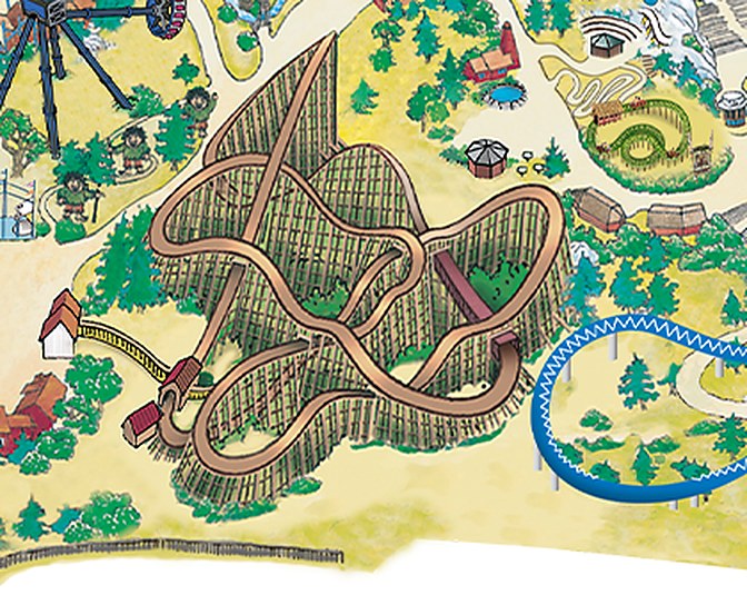Saved TusenFryd map detail showing ThunderCoaster wooden track