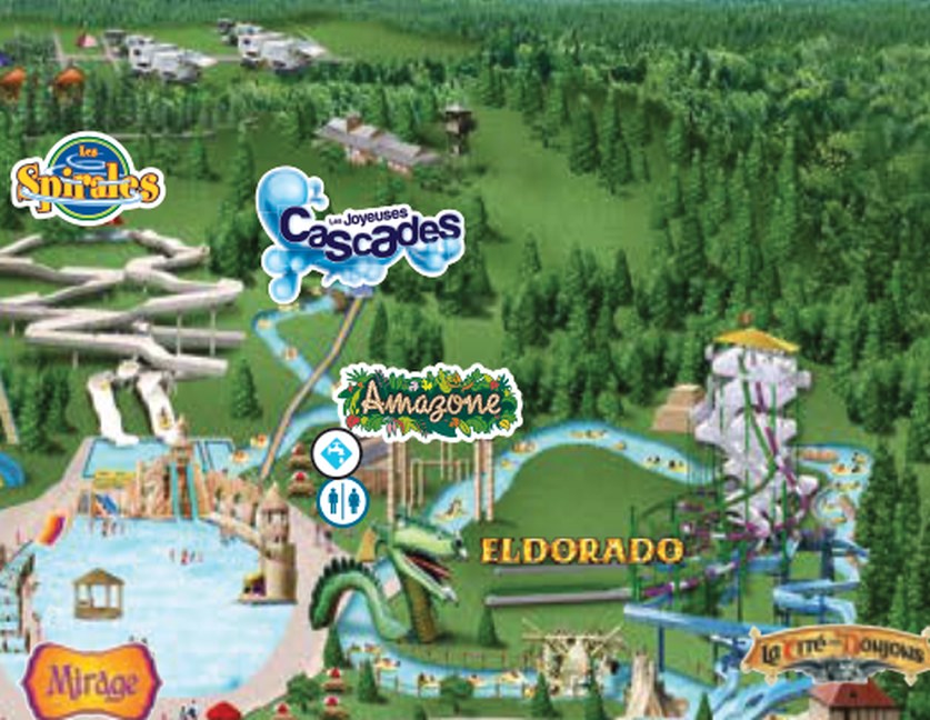 Map detail of Spirales, Les Joyeuses Cascades, and Amazone at Village Vacances Valcartier