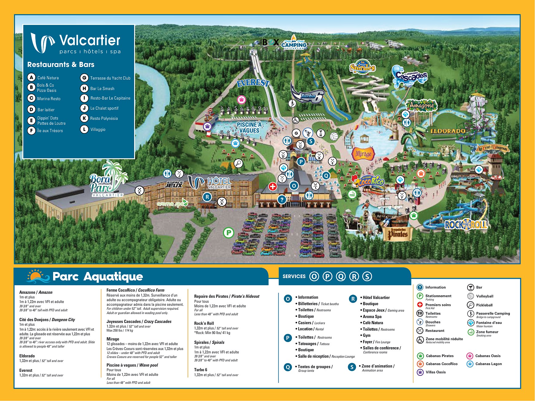 Map of Village Vacances Valcartier 2026 showing Everest, Amazone, and Bora Parc