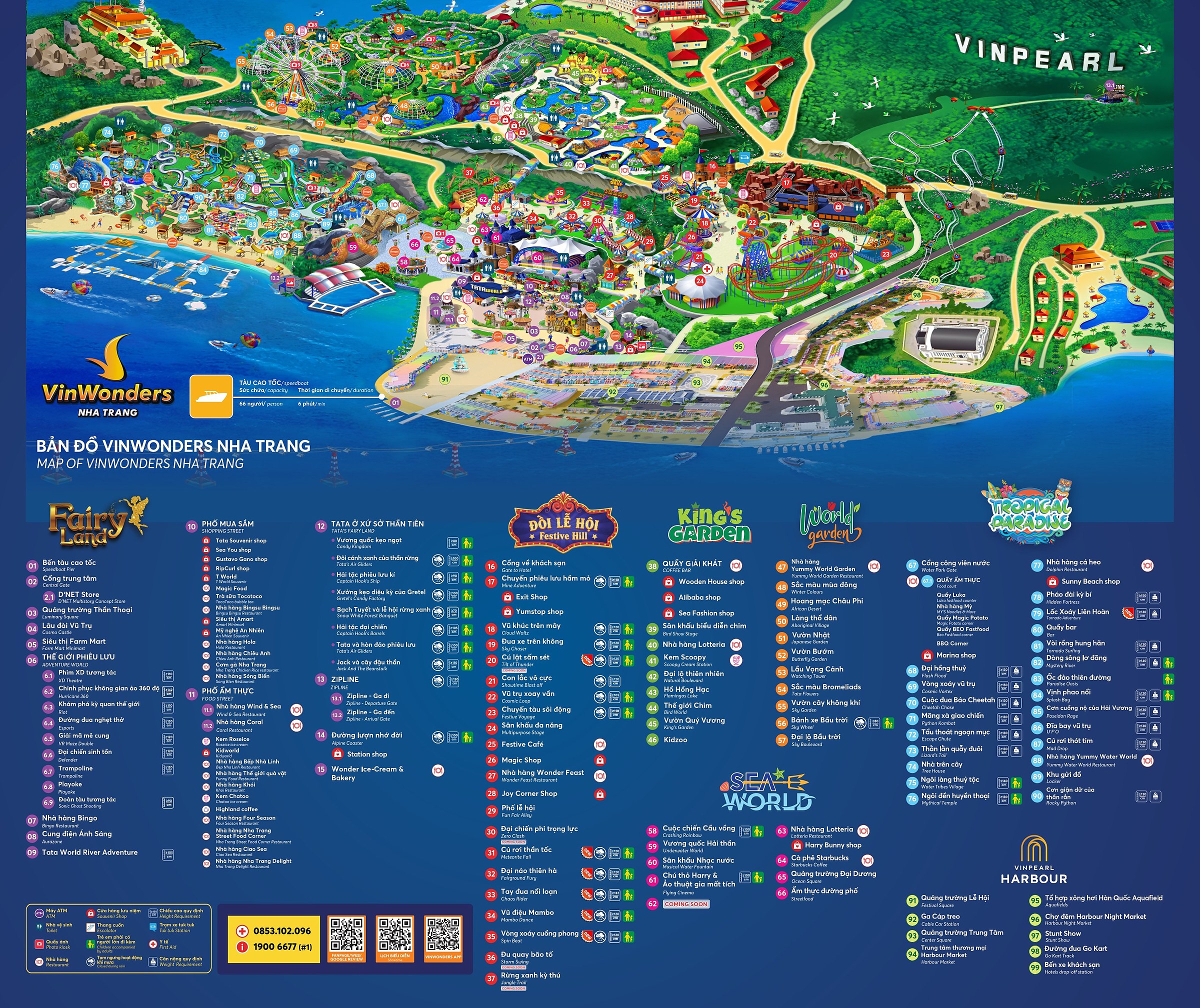 Current VinWonders Nha Trang map showing six park zones and Vinpearl Harbour on Hon Tre Island