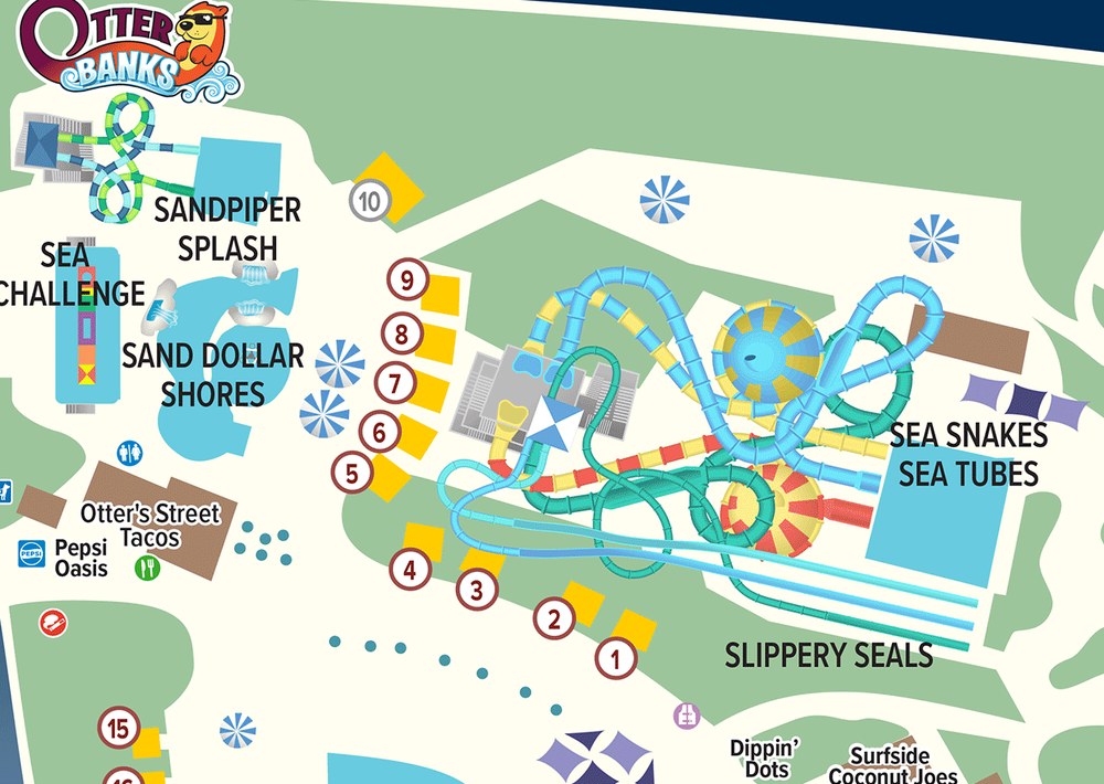 Archived Zoombezi Bay map detail showing Otter Banks and the neighboring Sea Snakes, Sea Tubes and Slippery Seals slides.