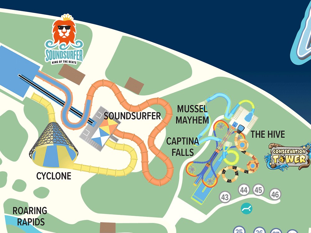 Archived map detail showing Cyclone, Soundsurfer and Conservation Tower with The Hive, Mussel Mayhem and Captina Falls.