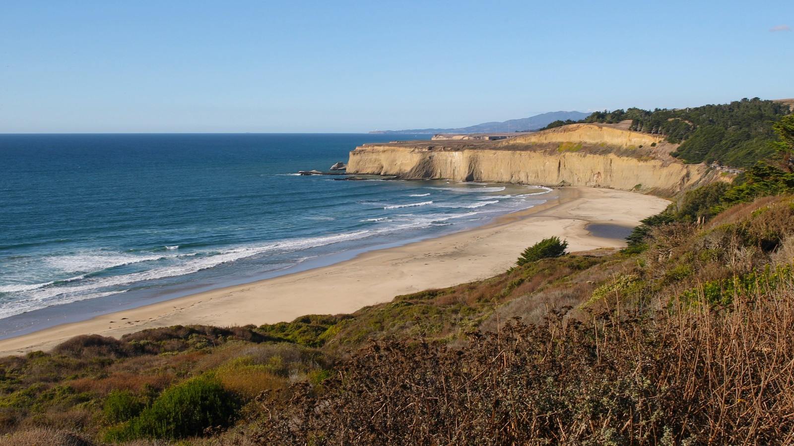 Sandy shoreline and sandstone cliffs at Tunitas Creek Beach in San Mateo County