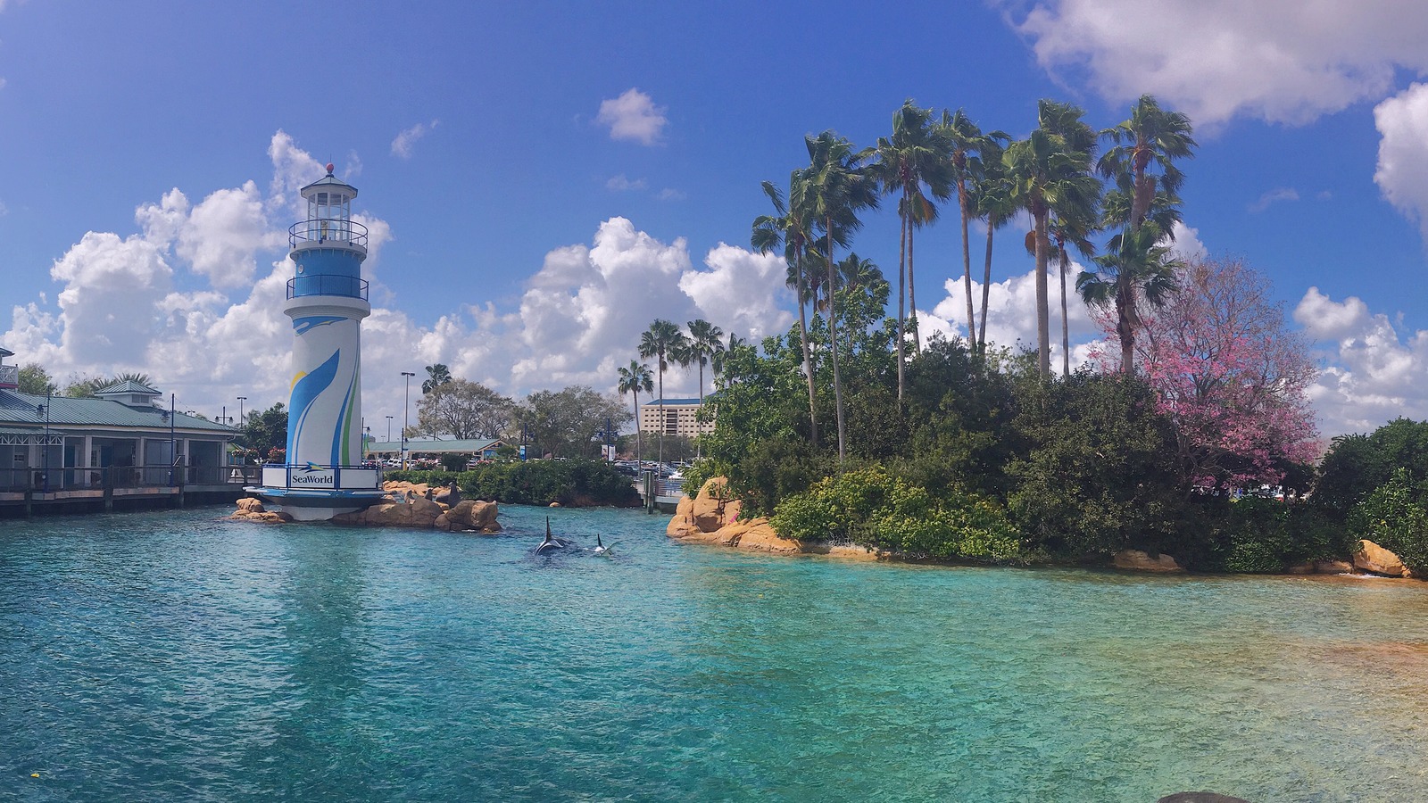 Entrance plaza and lighthouse at SeaWorld Orlando in Florida, used as a property stand-in for Howl-O-Scream planning