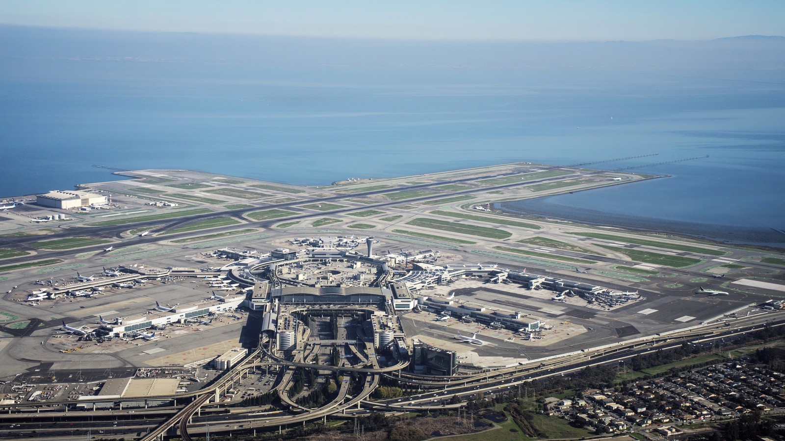 Aerial view of San Francisco International Airport airfield and terminals