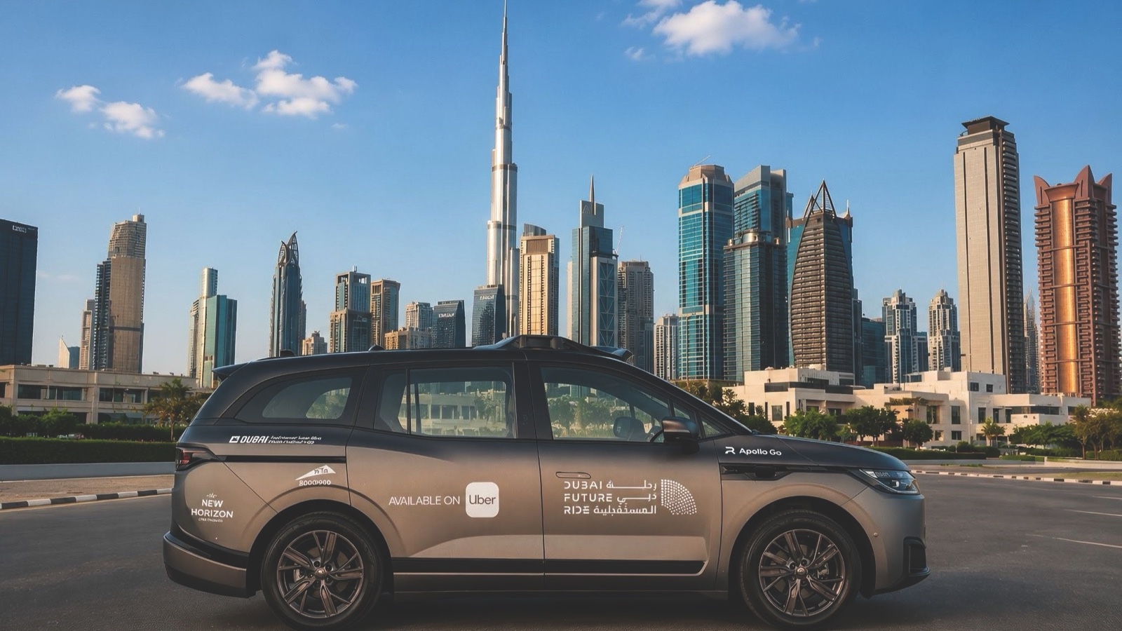 Baidu Apollo Go RT6 robotaxi marked available on Uber with the Dubai skyline behind it