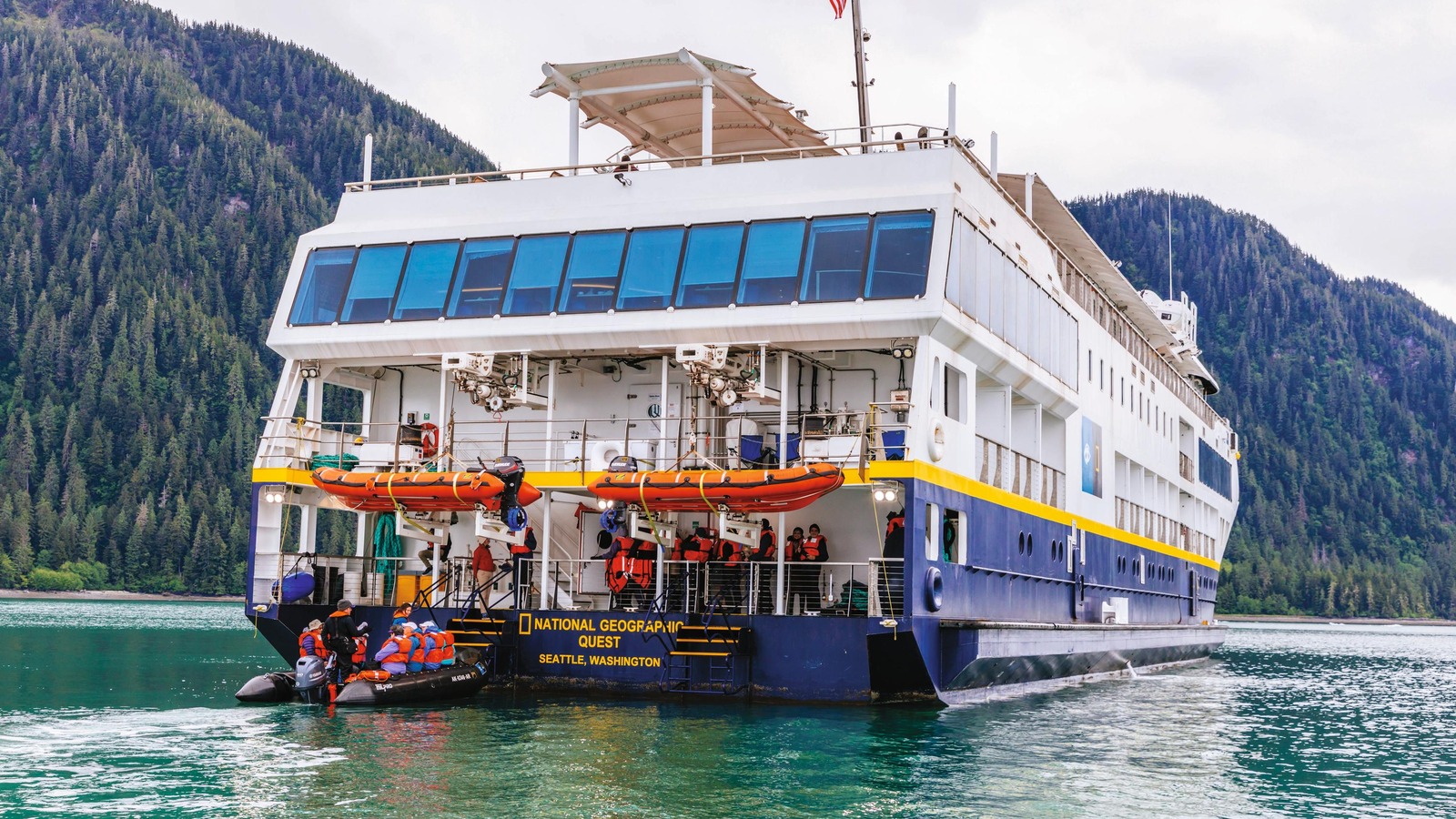 National Geographic Quest expedition ship in Alaska with Zodiac operations at the stern