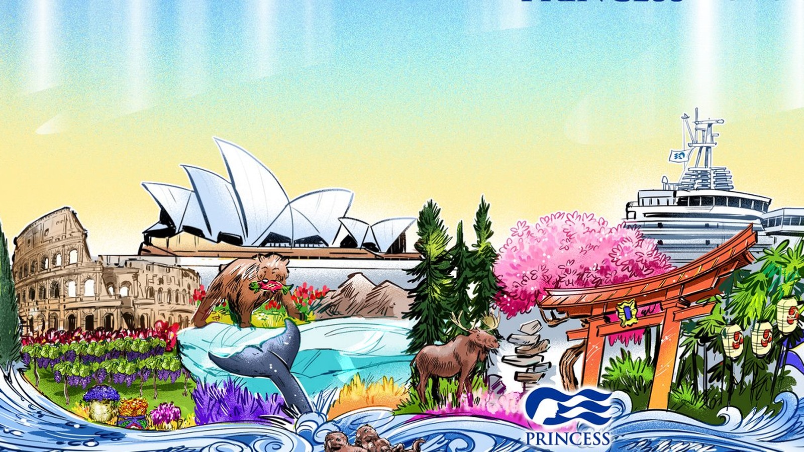 Official Princess Cruises rendering of the 2027 Rose Parade Welcome float with destination scenes and the Princess wave logo