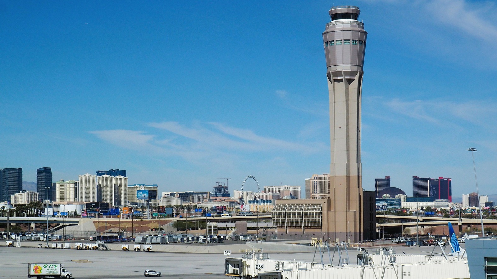 Harry Reid International Airport control tower and Las Vegas Strip skyline from the D gates