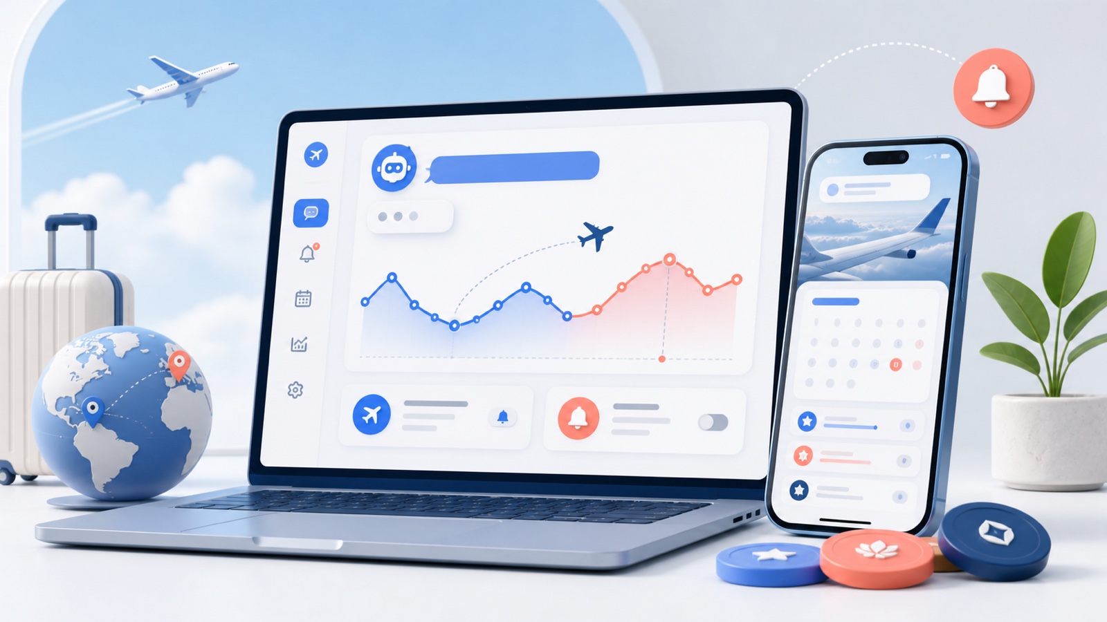 Original travel search illustration with a flight price graph, alerts, calendar and loyalty points