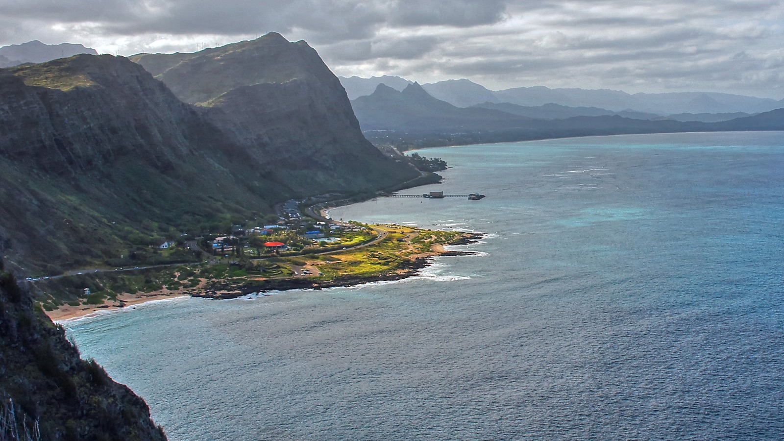 Sea Life Park viewed from Makapuu Point on Oahu with coastline and park buildings