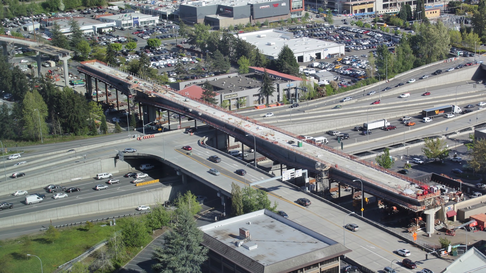 Interstate 405 corridor with construction over the freeway in the Seattle Eastside area