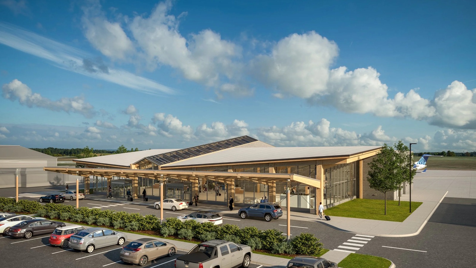 North Platte Regional Airport new passenger terminal landside exterior with canopy and glass facade